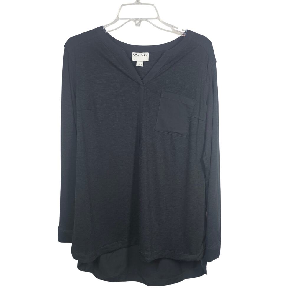 AVA & VIV Black Long Sleeve Blouse Mixed Media V-Neck Chest Pocket Sz X / 14W